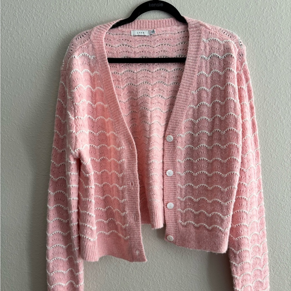 Lush Pink Cardigan Sweater with Scalloped Knit